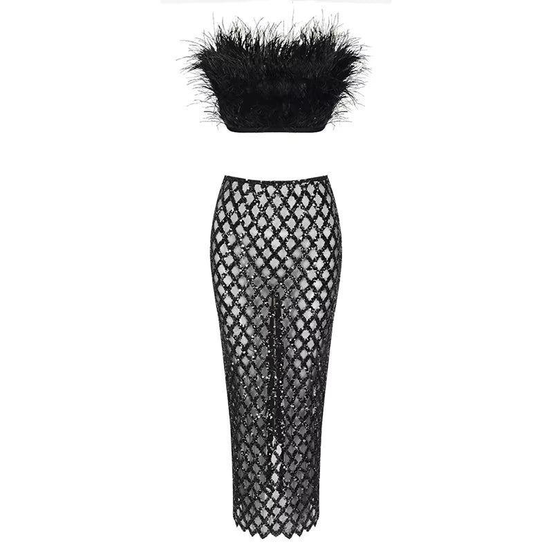 Women's Feather Crop Top & Sheer Mesh Maxi Skirt Set | Windia