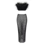 Women's Feather Crop Top & Sheer Mesh Maxi Skirt Set | Windia