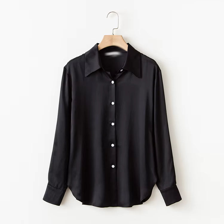 Women's Pearl Silk Satin Lapel Shirt | Luxury Blouse - Windia