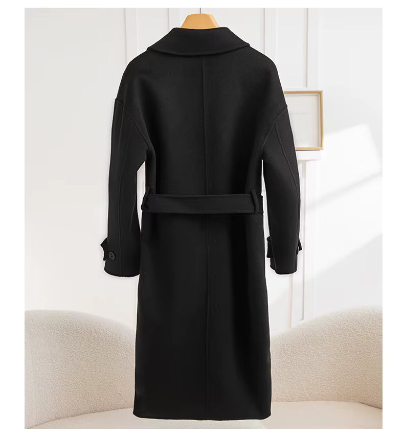 Women's Black Long Wool Coat | Double-Breasted V-Neck | Windia