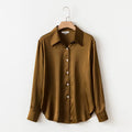 Women's Brown Pearl Silk Satin Lapel Shirt | Luxury Blouse - Windia