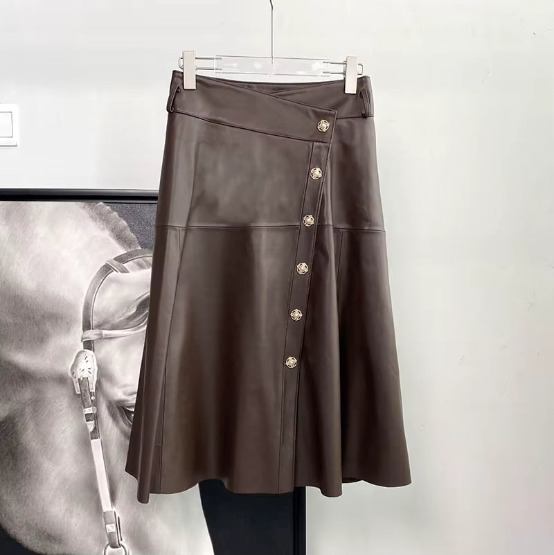 Women's  Dark Coffee Genuine Leather High-Waist A-Line Skirt | Windia