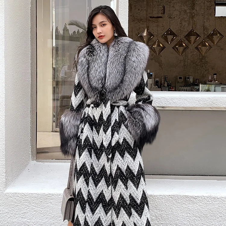 Fox Fur Collar and Cuffs Women's Cashmere Wool Overcoat – Handmade Houndstooth Luxury | Windia