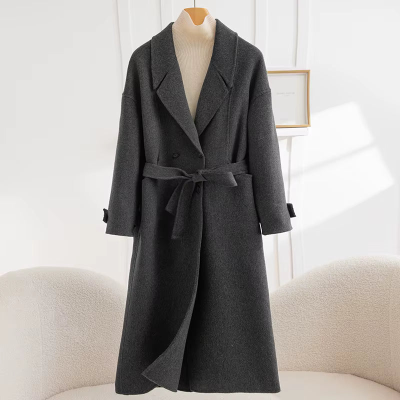 Women's Long Wool Coat | Double-Breasted Gray V-Neck | Windia