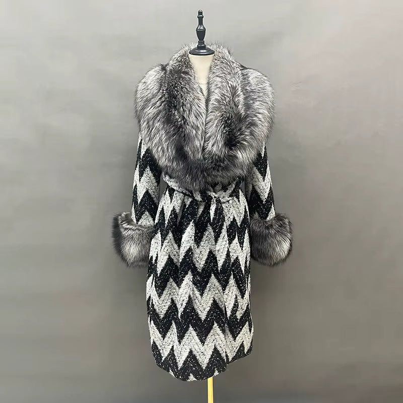 Fox Fur Collar & Cuffs Women's Cashmere Wool Overcoat – Handmade Houndstooth Winter Coat