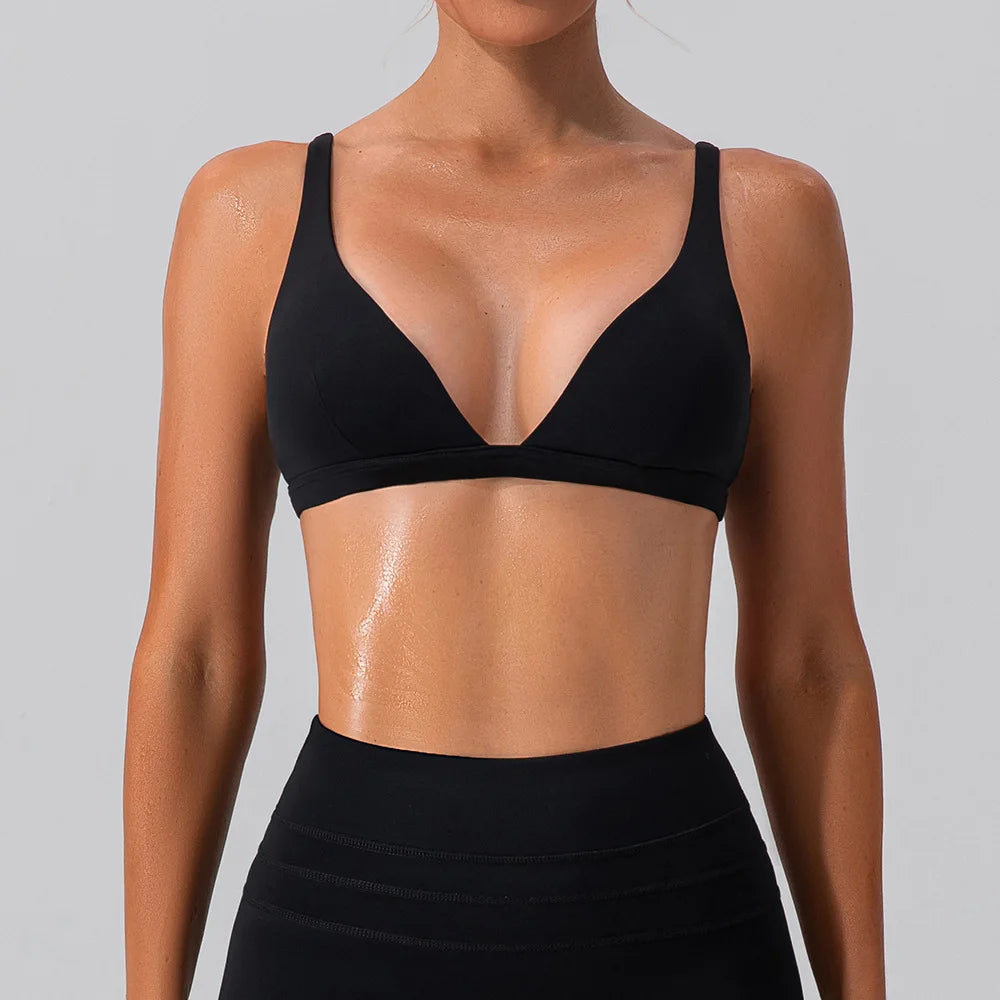 High Support Sports Bra for Women – Deep V Wireless Yoga & Gym Bra