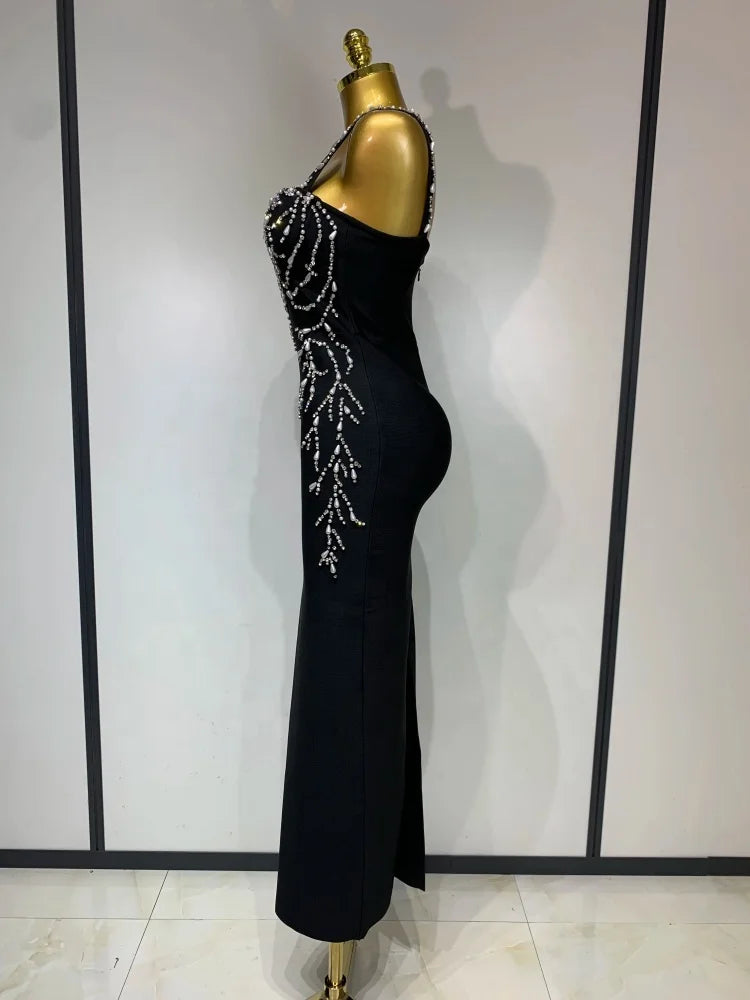 Women's Black Bandage Maxi Dress – Bodycon V-Neck Beading Evening Party Dress
