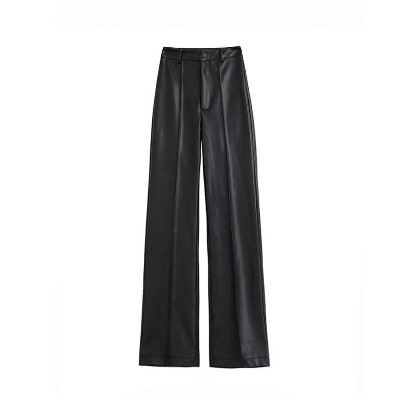 Women's High Waist Straight Leg Genuine Leather Pants