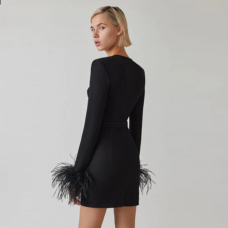 Ostrich Feather Long Sleeve Mini Dress – Women's Sexy Evening & Club Dress