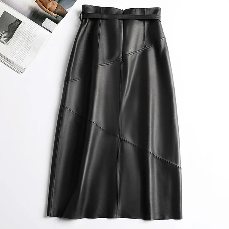 High Waist Split Sheepskin Leather Skirt – Women's Genuine Leather A-Line Skirt
