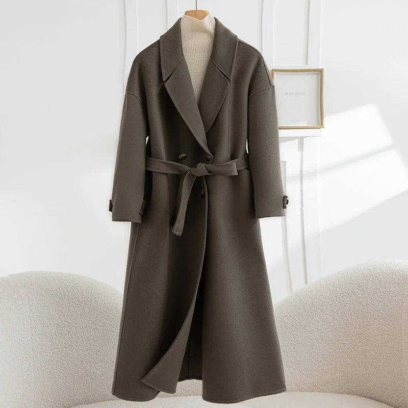 Women's Long Wool Coat | Double-Breasted V-Neck | Windia