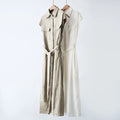 Women's Midi Linen Shirt Dress with Beaded Collar & Waist-Cinching Tie
