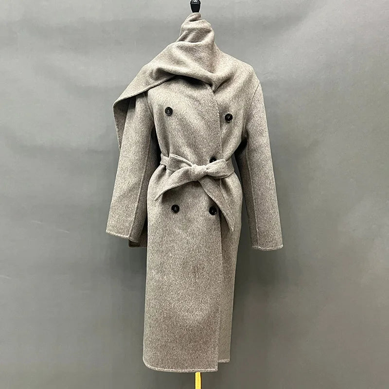 Women's Oversized Belted Scarf-Collar Coat