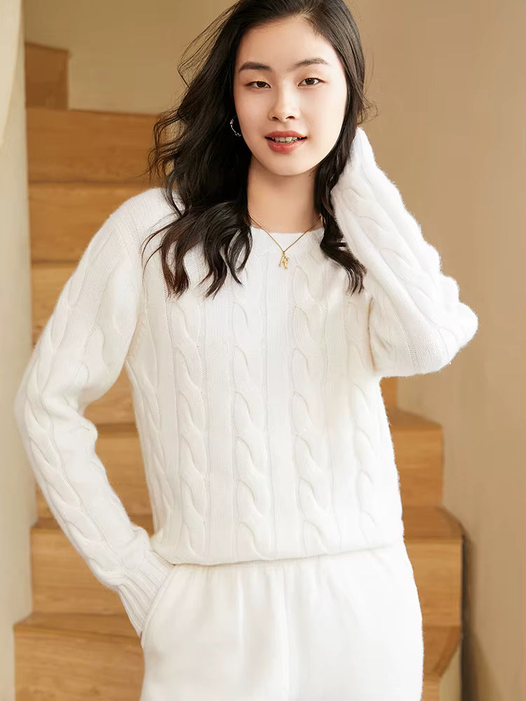 Kaschmir-Strick-Zweiteiler für Damen | Zopfstrickpullover & Hose mit weitem Bein | Loungewear für Herbst/Winter