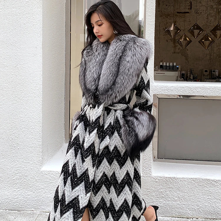 Fox Fur Collar & Cuffs Women's Cashmere Wool Overcoat – Handmade Houndstooth Winter Coat