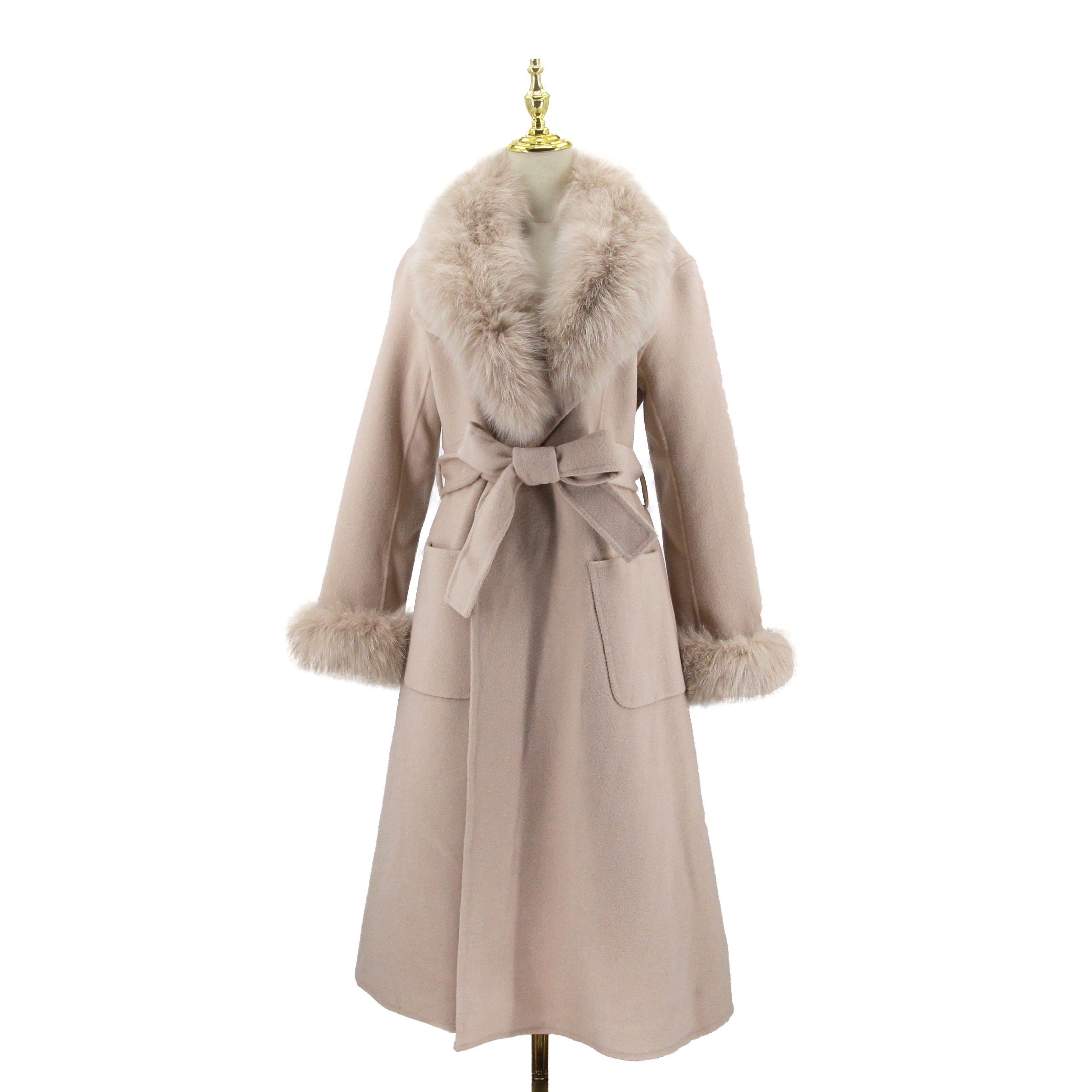 Damen langer Wollmantel mit Fuchsfellkragen
