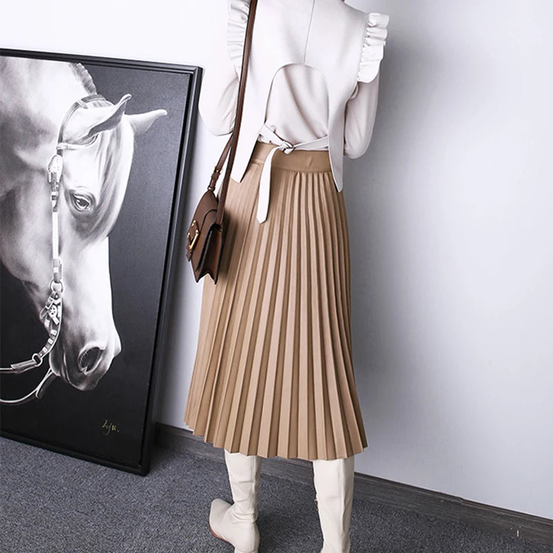 Women's Genuine Sheepskin Pleated Maxi Skirt