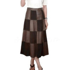 Women's Genuine Leather High Waist Checkerboard A-Line Maxi Skirt