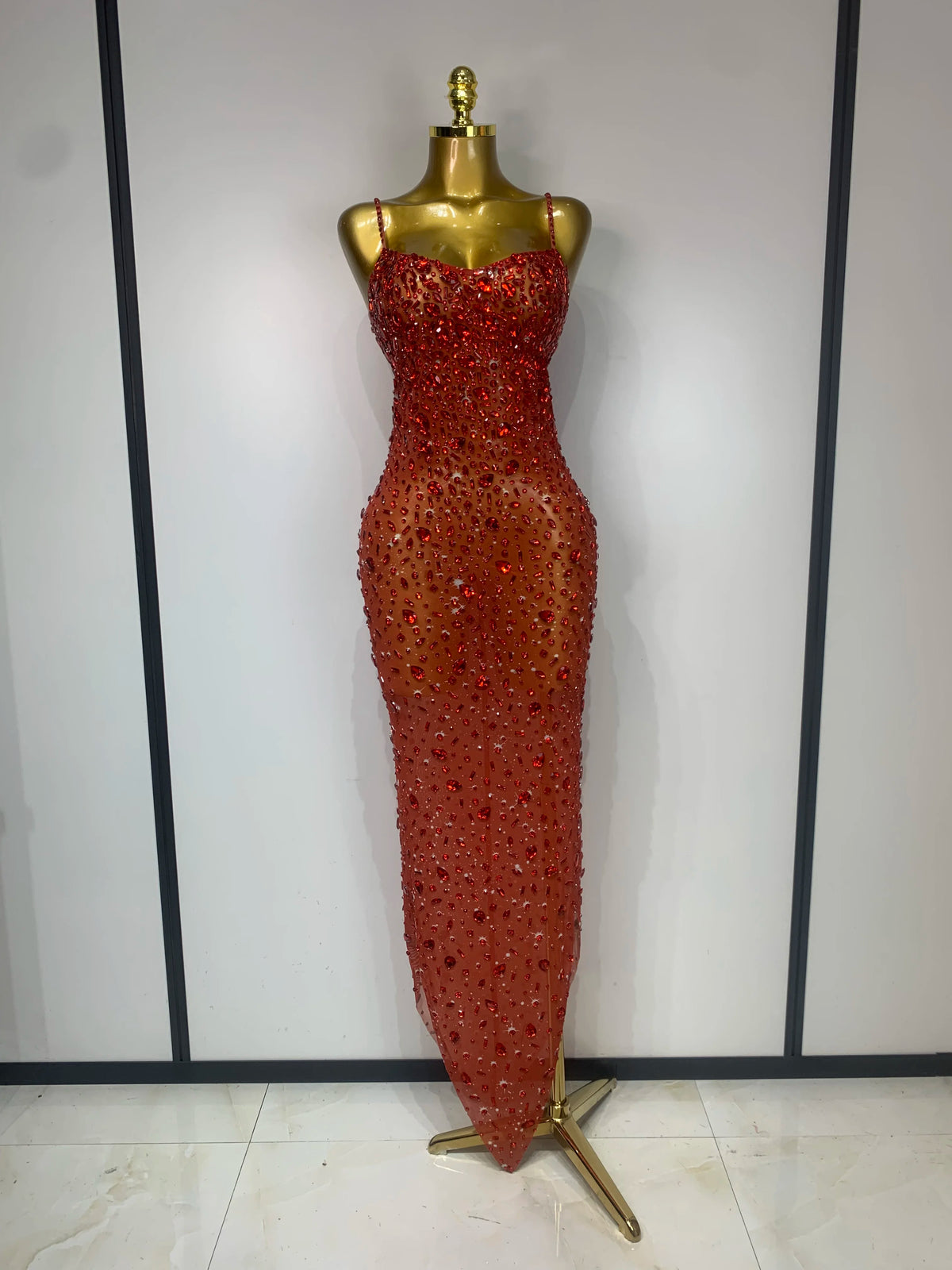 Women's Rhinestone Mesh Bodycon Evening Gown
