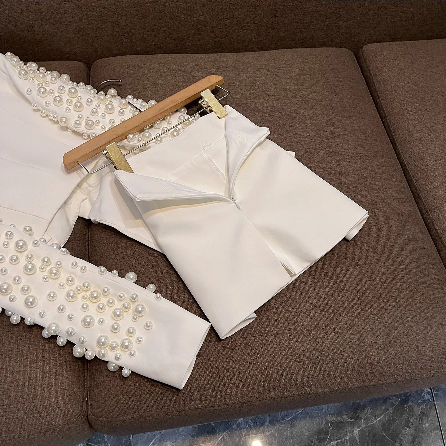 Stylish Asymmetric Design Lady Luxury Beading Notched Long Sleeve Blazer A-line Mini Skirt Women 2pcs