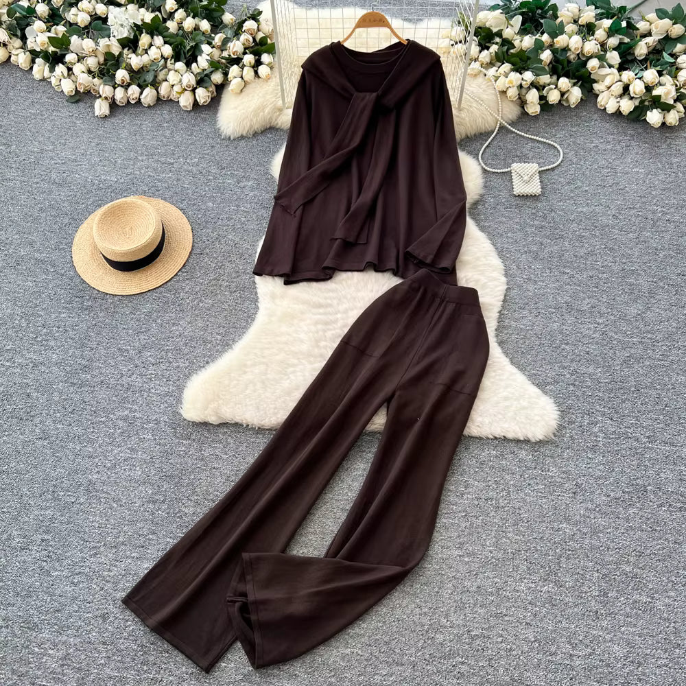 Casual Two-Piece Knit Sweat Suit | Tie-Front Top & Wide Leg Pants Set - Windia