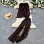 Casual Two-Piece Knit Sweat Suit | Tie-Front Top & Wide Leg Pants Set - Windia