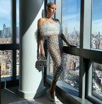 Women's Feather Crop Top & Sheer Mesh Maxi Skirt Set