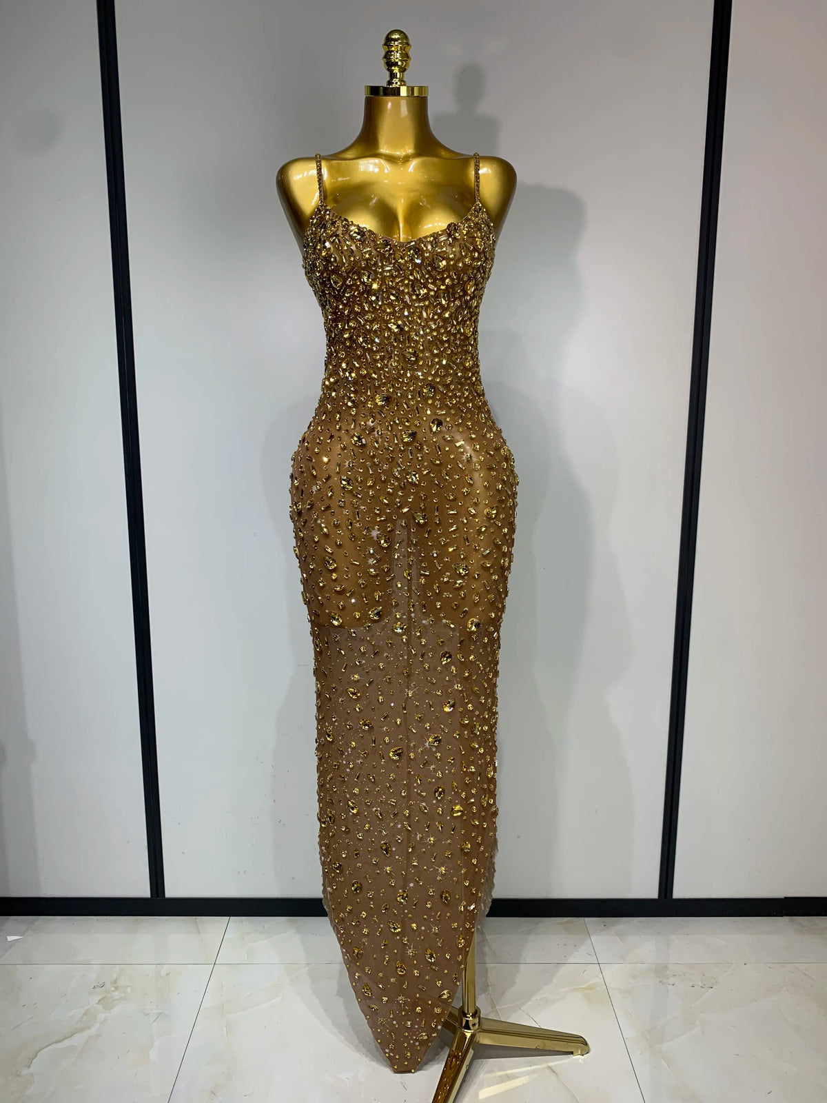 Women's Rhinestone Mesh Bodycon Evening Gown