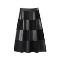 Women's Genuine Leather High Waist Checkerboard A-Line Maxi Skirt