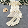 Casual Two-Piece Knit Sweat Suit | Tie-Front Top & Wide Leg Pants Set - Windia