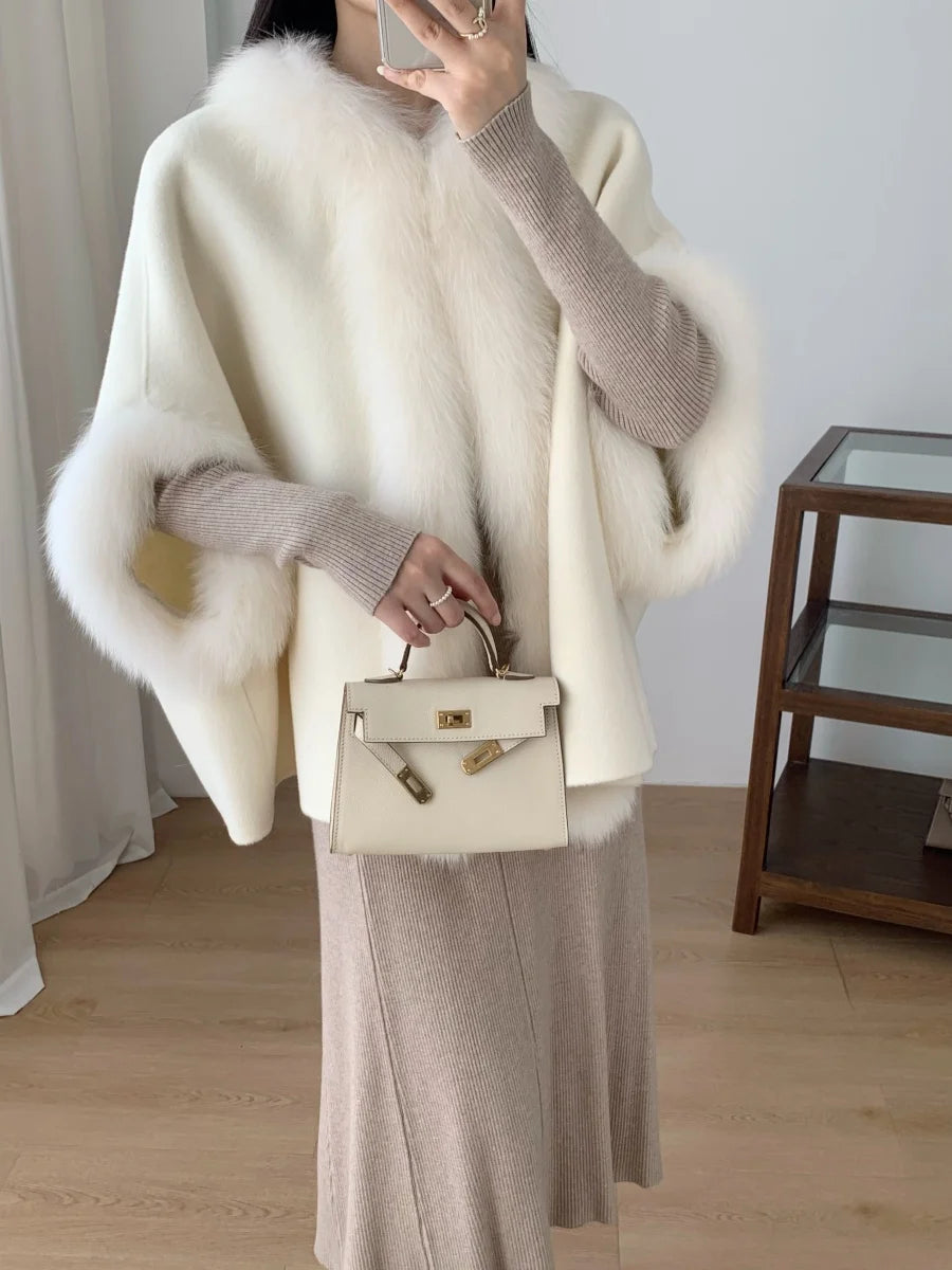 Women's Short Wool Cape with Fox Fur Trim