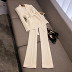 2025 New Arrival Lady Designed Quilted Office Casual 2Pcs Long Sleeve Single Button Blazer With Belt Flared Pants Solil Suit