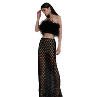 Women's Feather Crop Top & Sheer Mesh Maxi Skirt Set