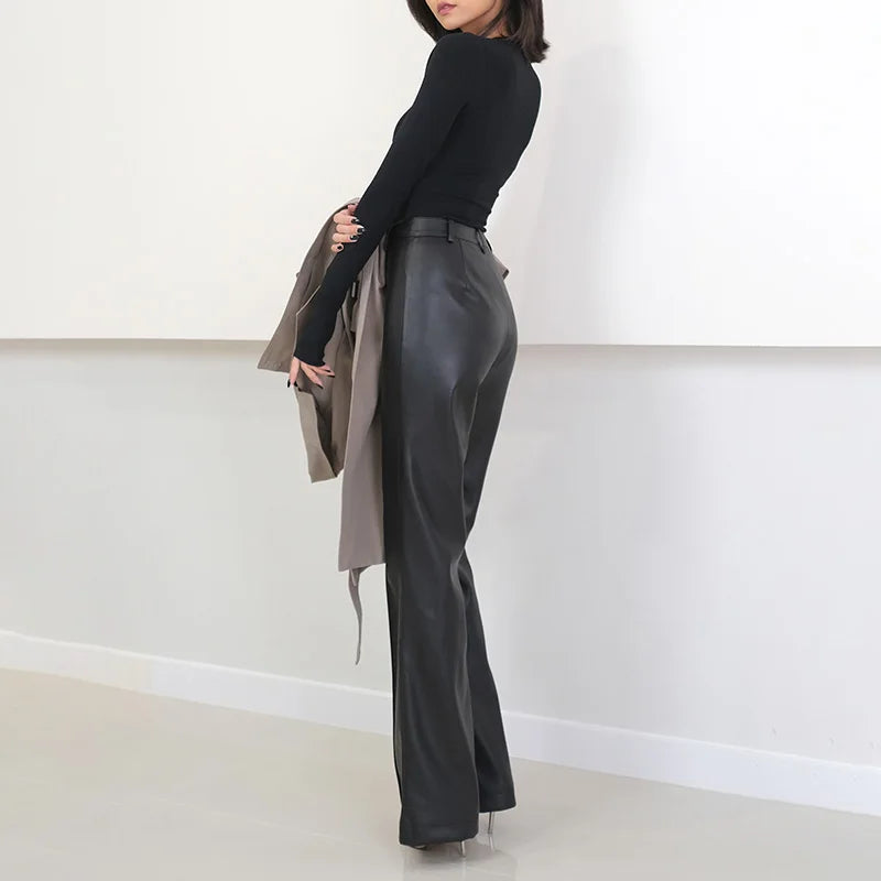 Women's High Waist Straight Leg Genuine Leather Pants