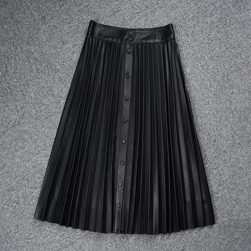 Women's Genuine Sheepskin Pleated Maxi Skirt