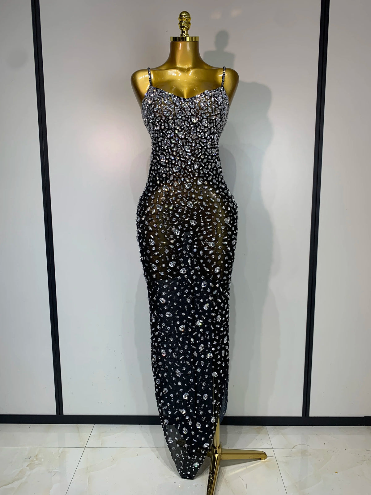 Women's Rhinestone Mesh Bodycon Evening Gown