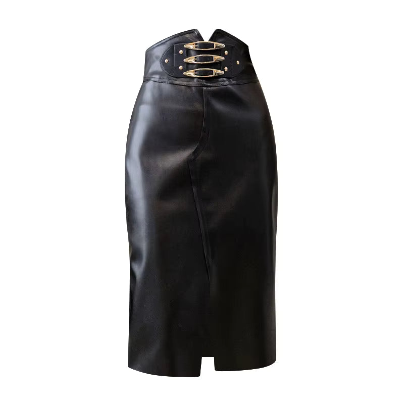 Black High Waist  Leather Pencil Skirt for Women
