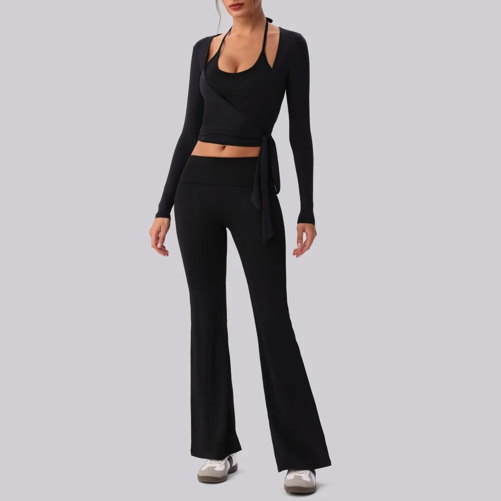 Women's V-Neck Wrap Top & High Waist Yoga Pants Set | 2 & 3-Piece Gym Outfit