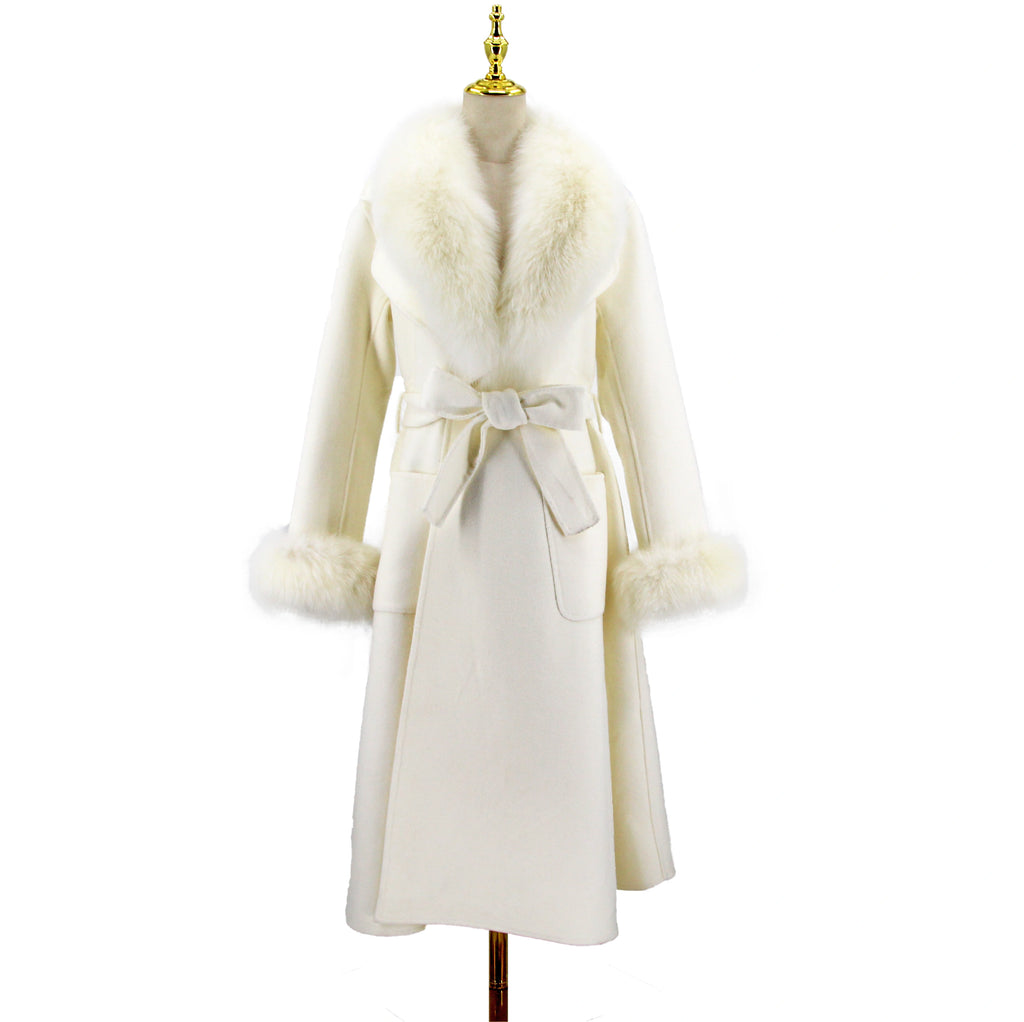Damen langer Wollmantel mit Fuchsfellkragen