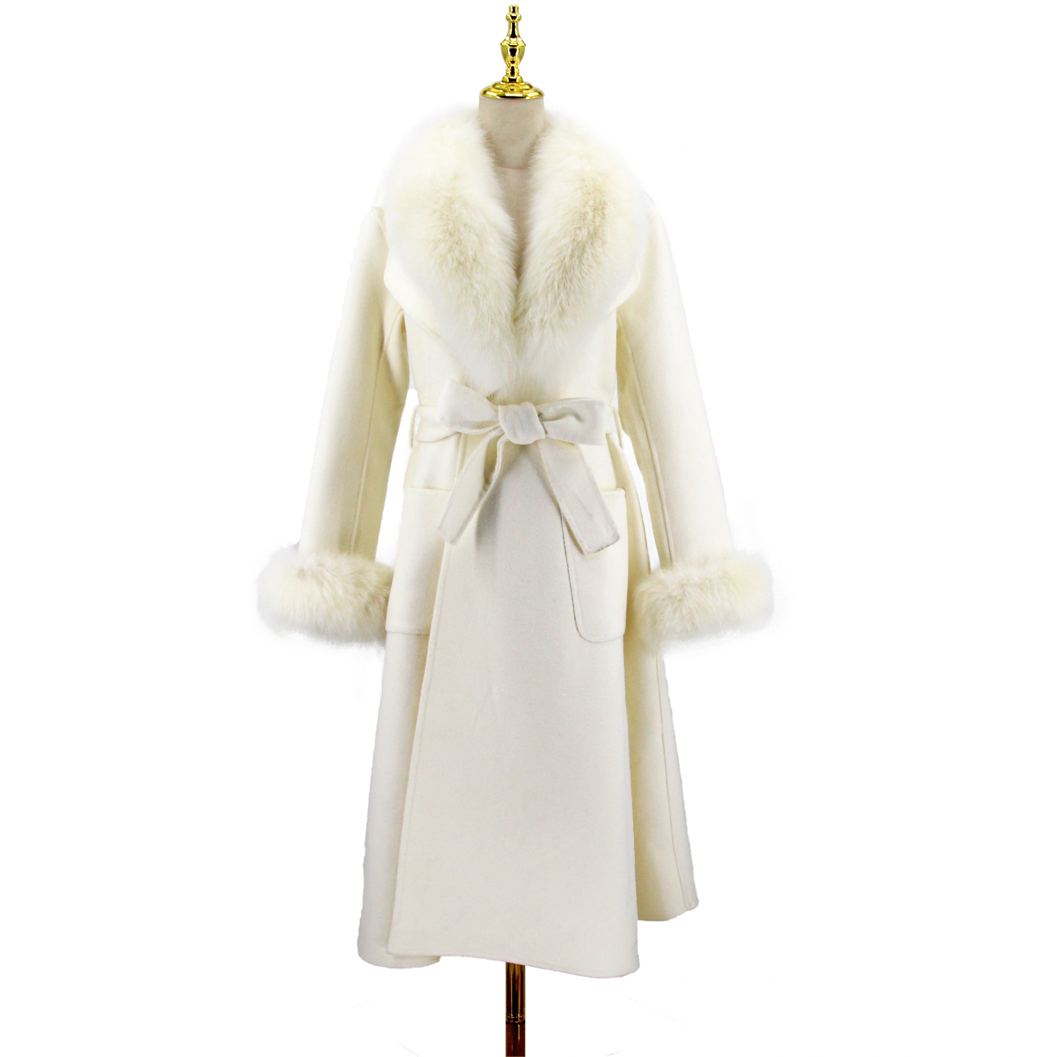 Damen langer Wollmantel mit Fuchsfellkragen
