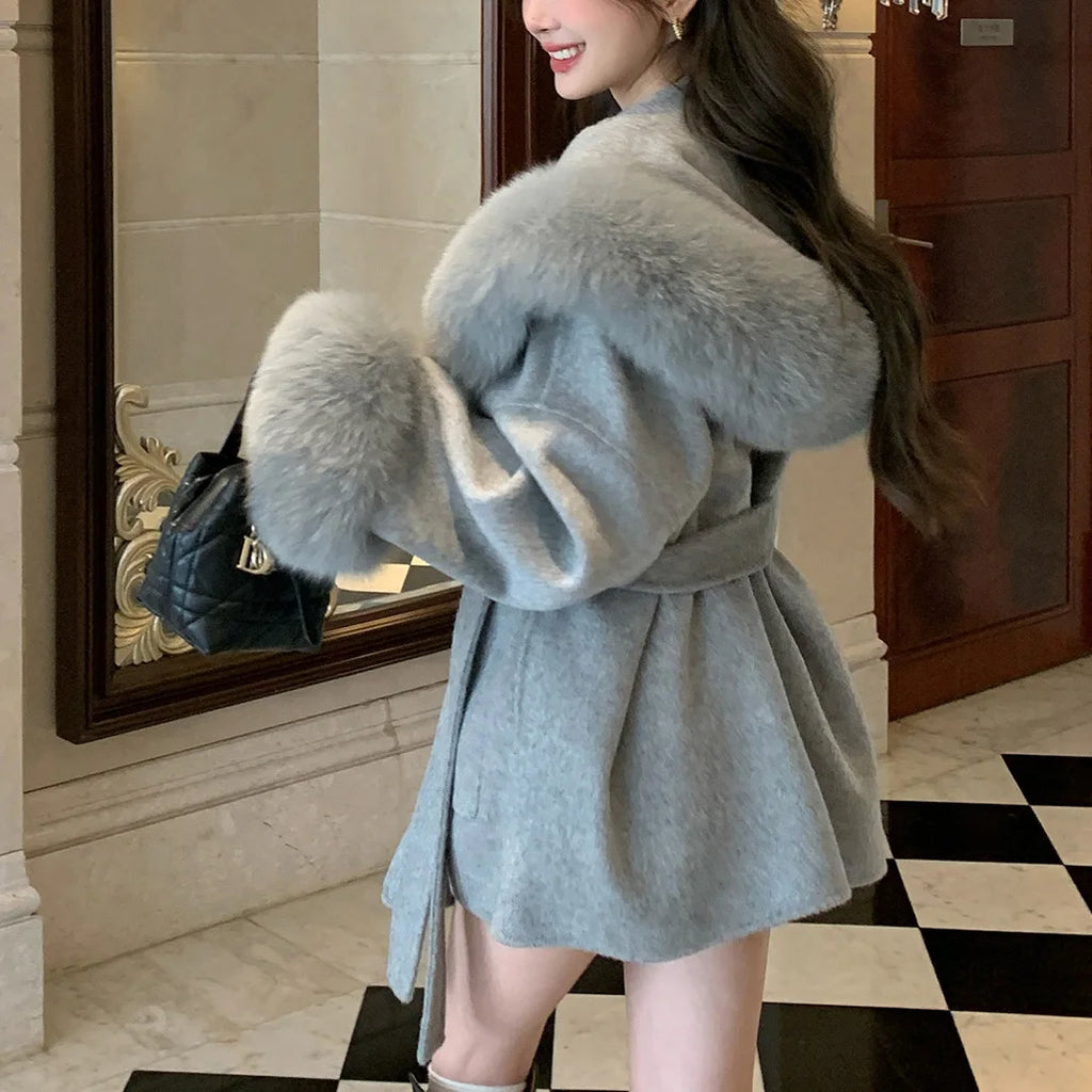 Women's Oversized Wool Coat with Fox-Fur Trim Hood