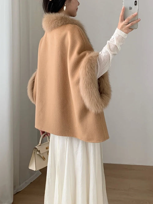 Women's Short Wool Cape with Fox Fur Trim