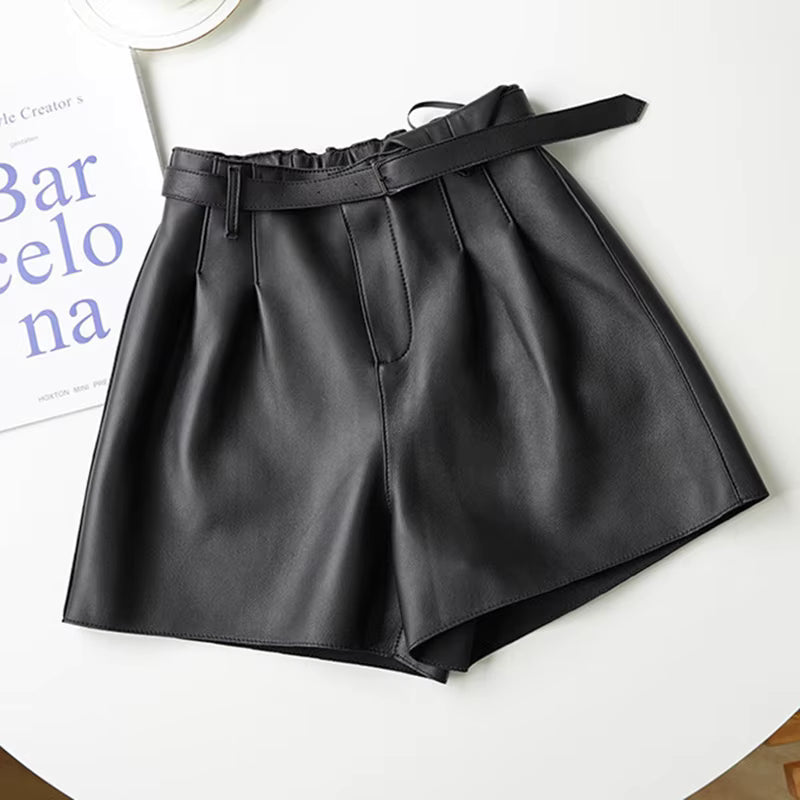 Women's High Waist Leather Shorts | Wide Leg Sheepskin - Windia