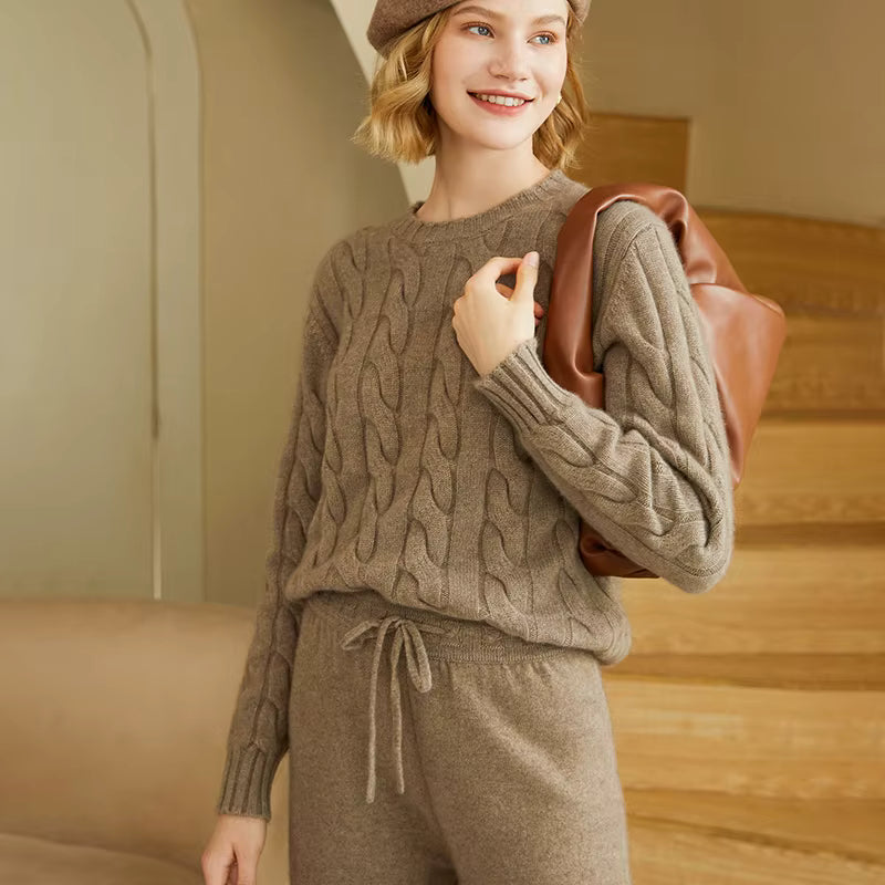 Kaschmir-Strick-Zweiteiler für Damen | Zopfstrickpullover & Hose mit weitem Bein | Loungewear für Herbst/Winter
