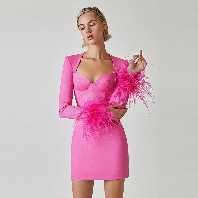 Ostrich Feather Long Sleeve Mini Dress – Women's Sexy Evening & Club Dress