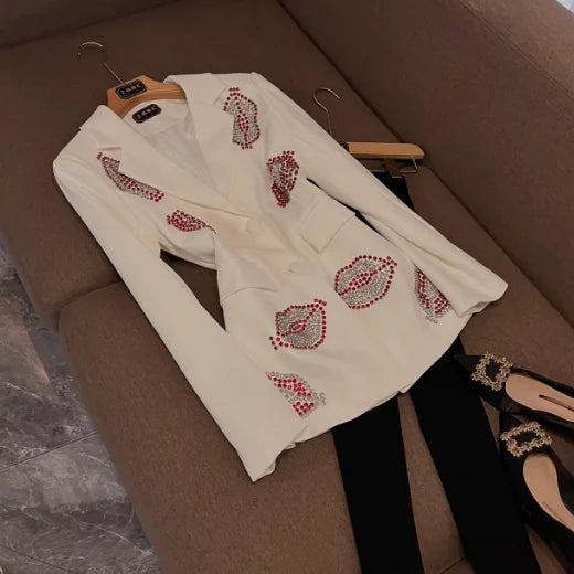 Crystal Rhinestone Blazer for Women – Single-Breasted Notched Collar Office Jacket