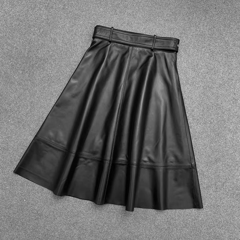 Spring New Fashion Long Leather Skirt – High Waist Real Leather Skirt for Women