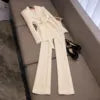 2025 New Arrival Lady Designed Quilted Office Casual 2Pcs Long Sleeve Single Button Blazer With Belt Flared Pants Solil Suit