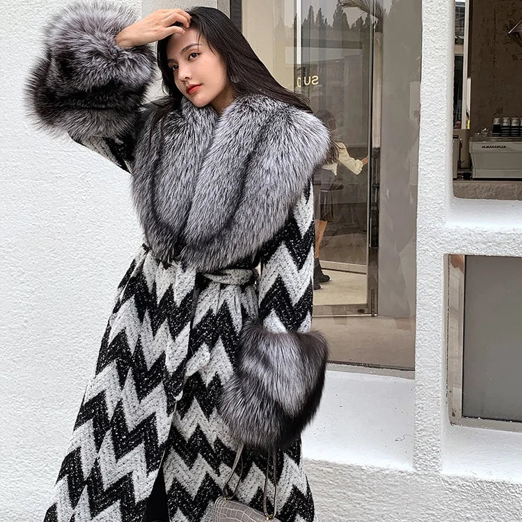 Fox Fur Collar & Cuffs Women's Cashmere Wool Overcoat – Handmade Houndstooth Winter Coat