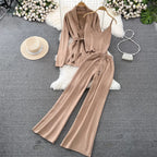 Korean-Style Casual Two-Piece Set — Polo-Collar Knitted Top & Midi Skirt
